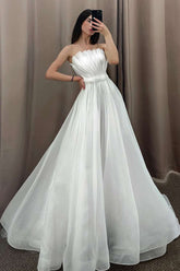 White Strapless Pleated A-Line Long Wedding Dress with Sleeves